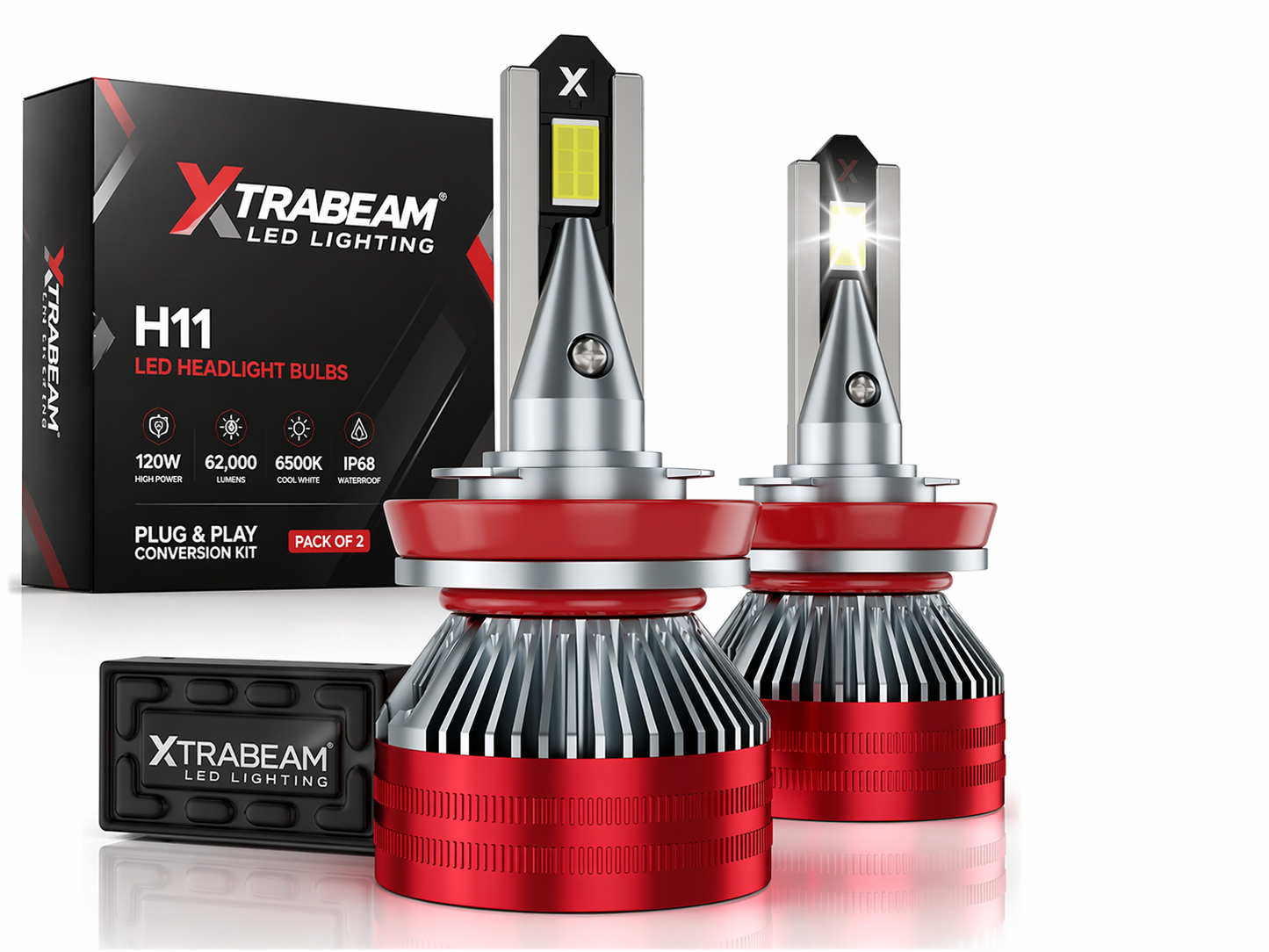 XTRABEAM H11 LED Headlight Bulbs – 120W 62,000LM | 6500K Cool White | Plug & Play Conversion Kit (Pack of 2)