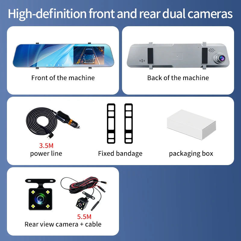 12" Rearview Mirror Dash Cam – 5MP Dual Lens Night Vision DVR with Wide Angle