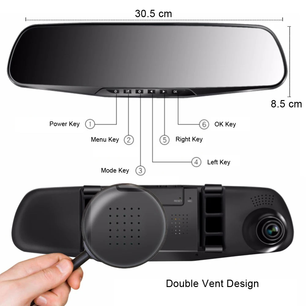 4.3" Rearview Mirror Dash Cam – 1080P Dual Lens Front & Rear DVR