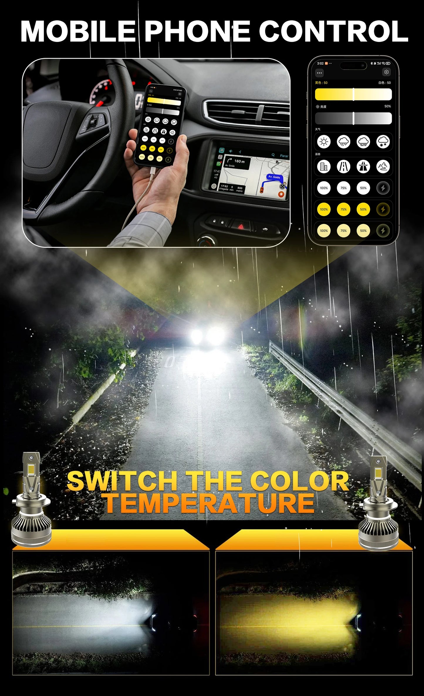 XTRABEAM 3-Color LED Headlight Bulbs – APP Control, Mini Turbo Cooling, 3000K/4300K/6000K
