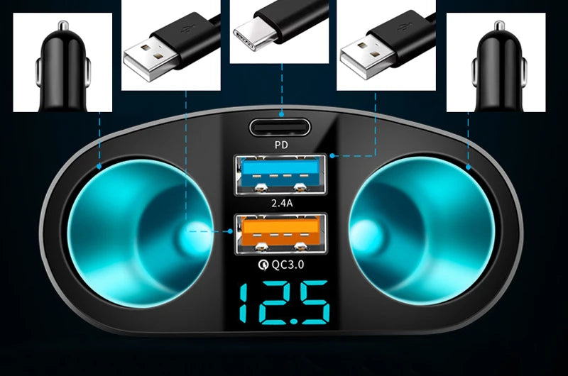 Fast Charging Car Charger Splitter – QC3.0 & USB-C PD with LED Display