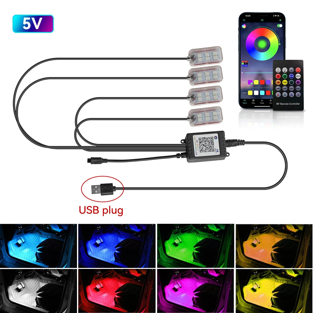 LED Car Interior Ambient Lights Foot Strip Lighting Kit Accessories Backlight Remote App Music Control Auto RGB Decorative Lamp