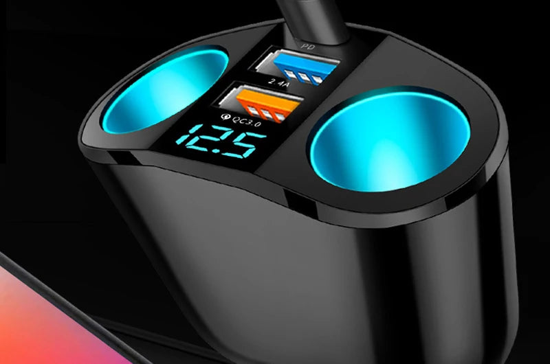 Fast Charging Car Charger Splitter – QC3.0 & USB-C PD with LED Display