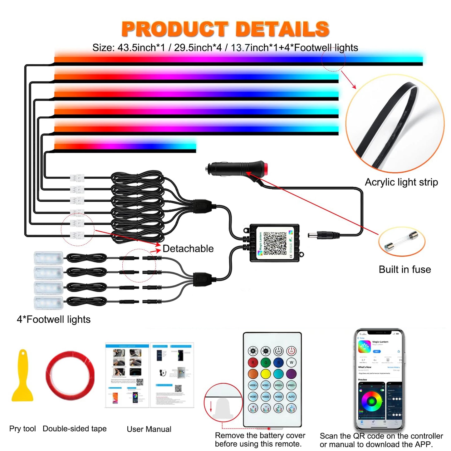 XTRABEAM Symphony RGB Car Ambient Lighting Kit – App Control Interior LED Lights with Remote & Music Sync