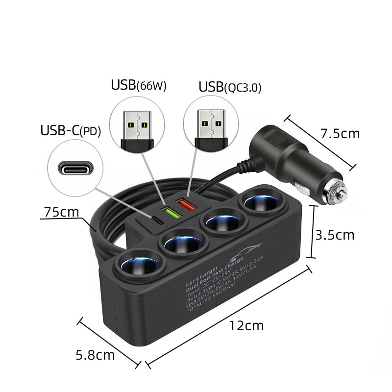 Fast Charging Car Charger Splitter – QC3.0 & USB-C PD with LED Display