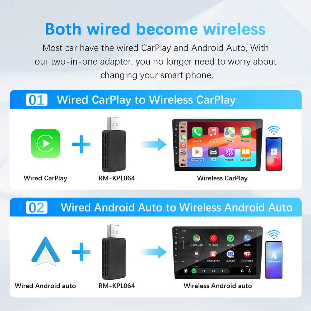 Wired to Wireless CarPlay Android Auto Adapter for OEM Car Stereo With USB Plug and Play