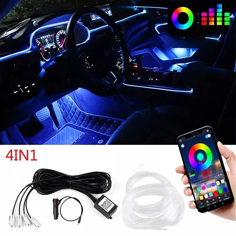 RGB EL Wire Ambient Light Kit – Flexible Neon Interior Strip, APP Controlled, 12V Universal Fit