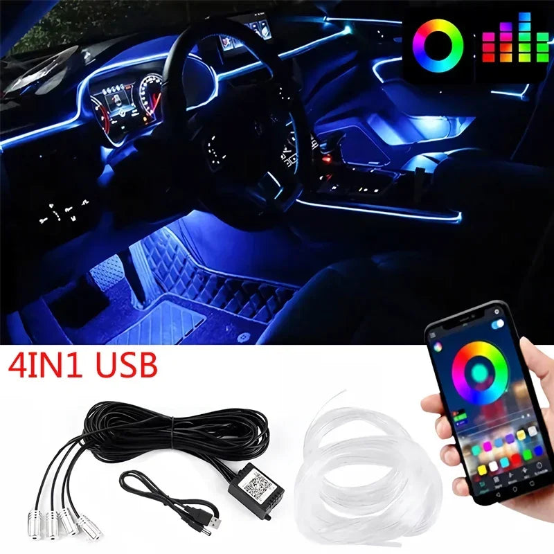 RGB EL Wire Ambient Light Kit – Flexible Neon Interior Strip, APP Controlled, 12V Universal Fit