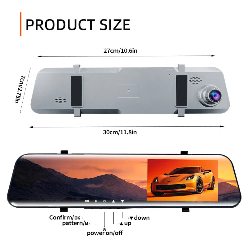 12" Rearview Mirror Dash Cam – 5MP Dual Lens Night Vision DVR with Wide Angle