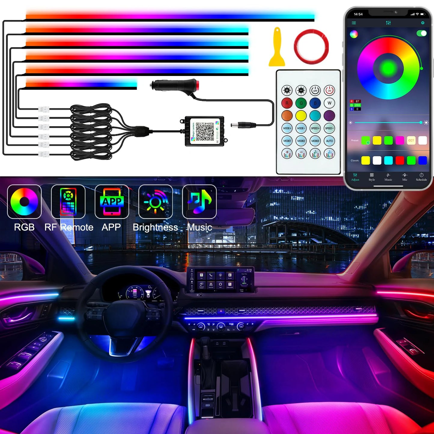 XTRABEAM Symphony RGB Car Ambient Lighting Kit – App Control Interior LED Lights with Remote & Music Sync