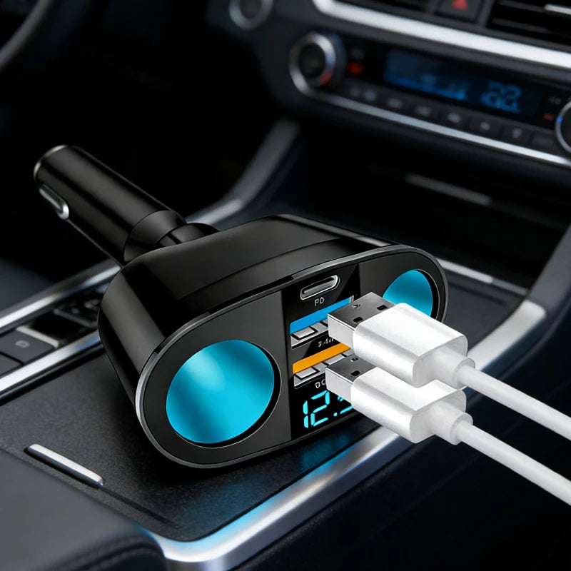 Fast Charging Car Charger Splitter – QC3.0 & USB-C PD with LED Display