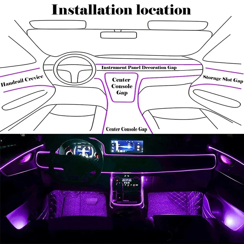 RGB EL Wire Ambient Light Kit – Flexible Neon Interior Strip, APP Controlled, 12V Universal Fit