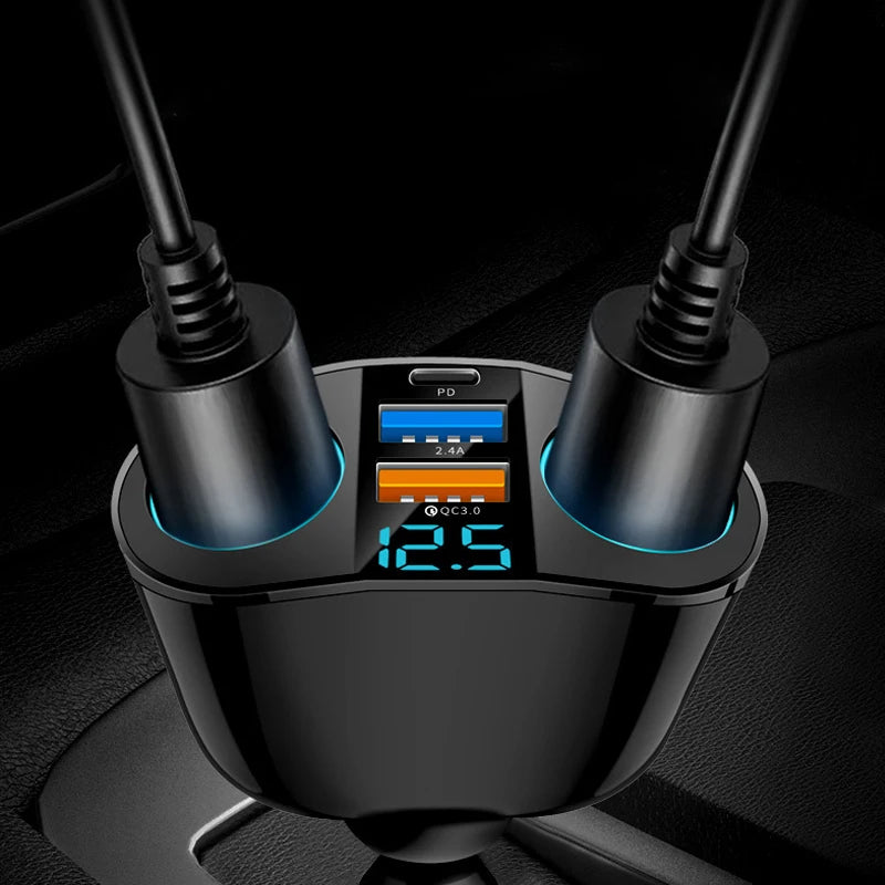 Fast Charging Car Charger Splitter – QC3.0 & USB-C PD with LED Display