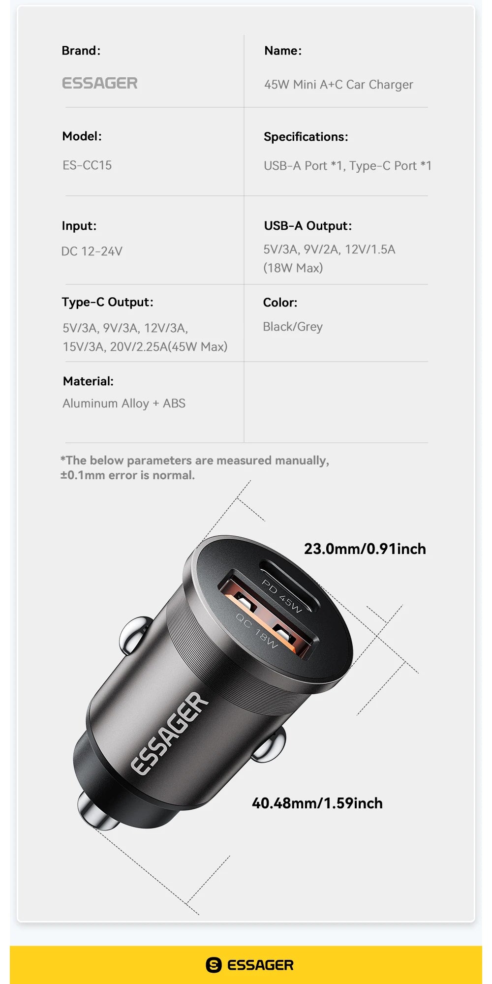 45W Fast Charging Car Adapter – Dual Port USB-C