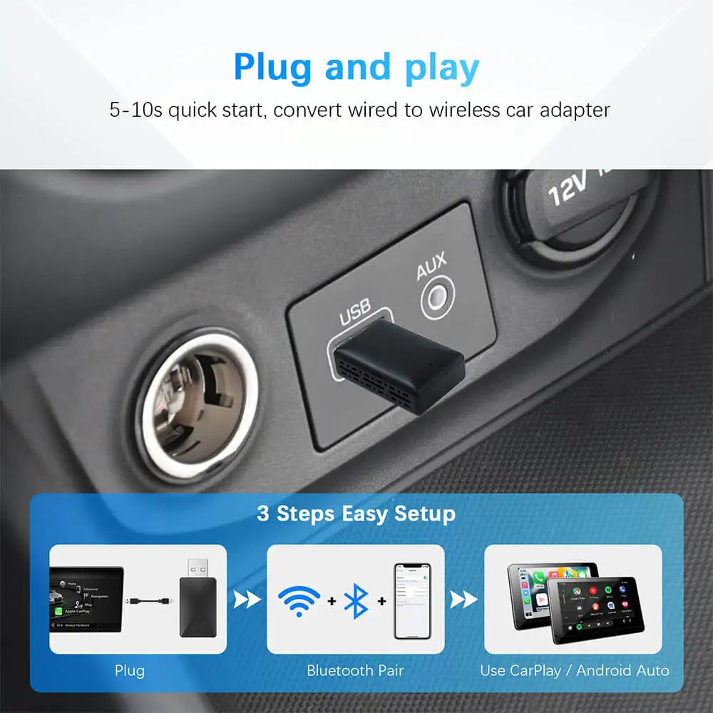 Wired to Wireless CarPlay Android Auto Adapter for OEM Car Stereo With USB Plug and Play