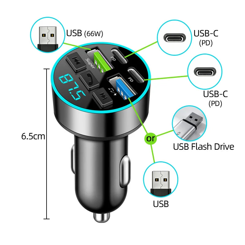 Fast Charging Car Charger Splitter – QC3.0 & USB-C PD with LED Display