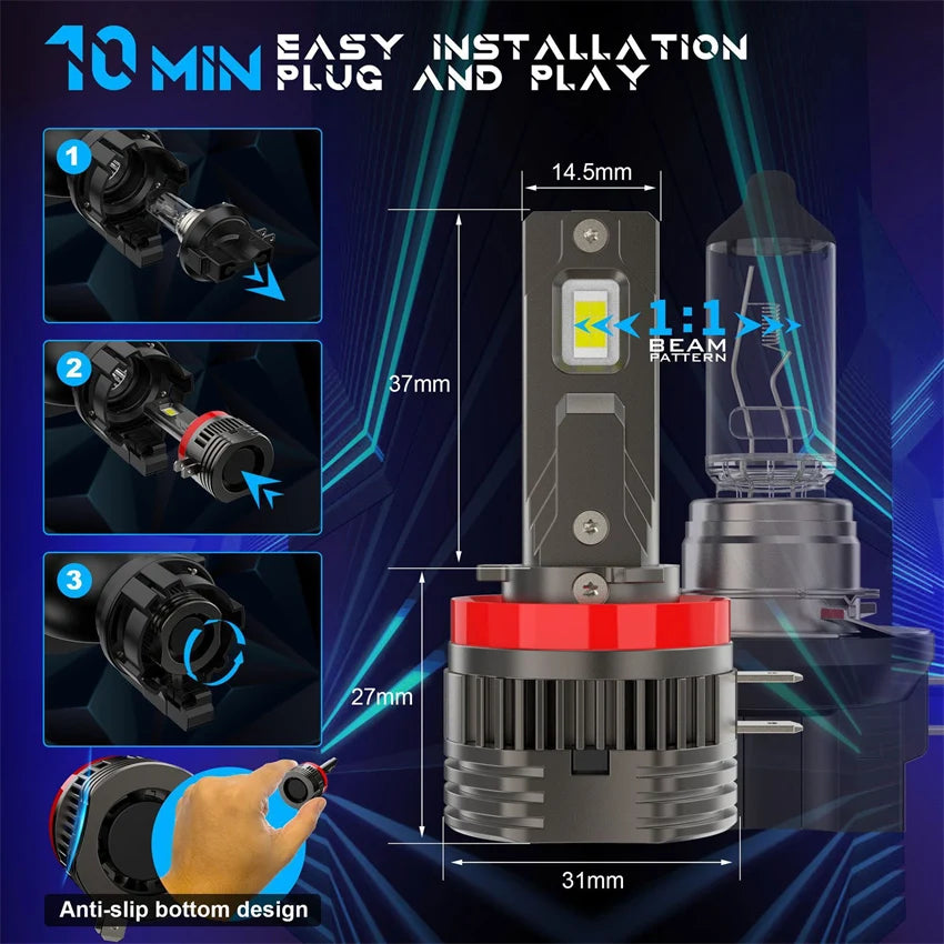 H11B LED Headlight Bulb Turbo 1800W 9000000LM Low Beam High Beam 6000K White For Ford Fiesta Kia Hyundai Plug And Play