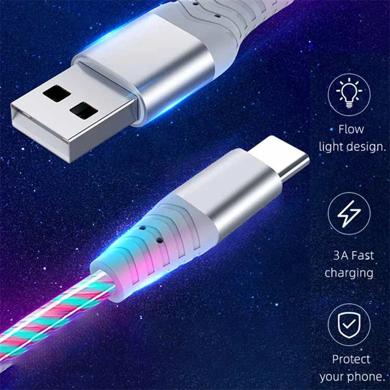 LED Flow Fast Charging Cable – Type-C, Micro USB & Lightning