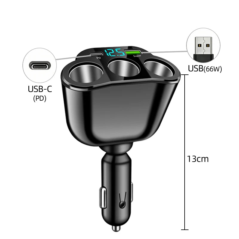 Fast Charging Car Charger Splitter – QC3.0 & USB-C PD with LED Display
