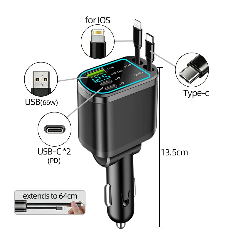 Fast Charging Car Charger Splitter – QC3.0 & USB-C PD with LED Display