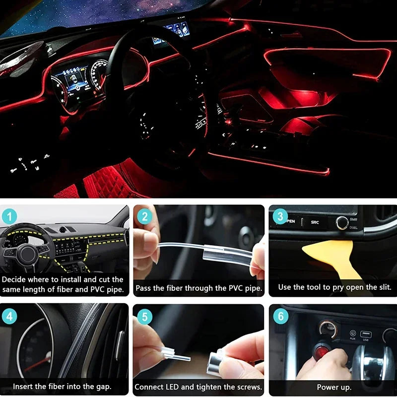RGB EL Wire Ambient Light Kit – Flexible Neon Interior Strip, APP Controlled, 12V Universal Fit