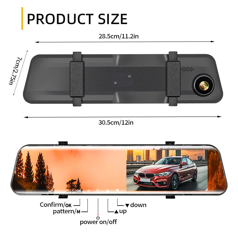 12" Rearview Mirror Dash Cam – 5MP Dual Lens Night Vision DVR with Wide Angle