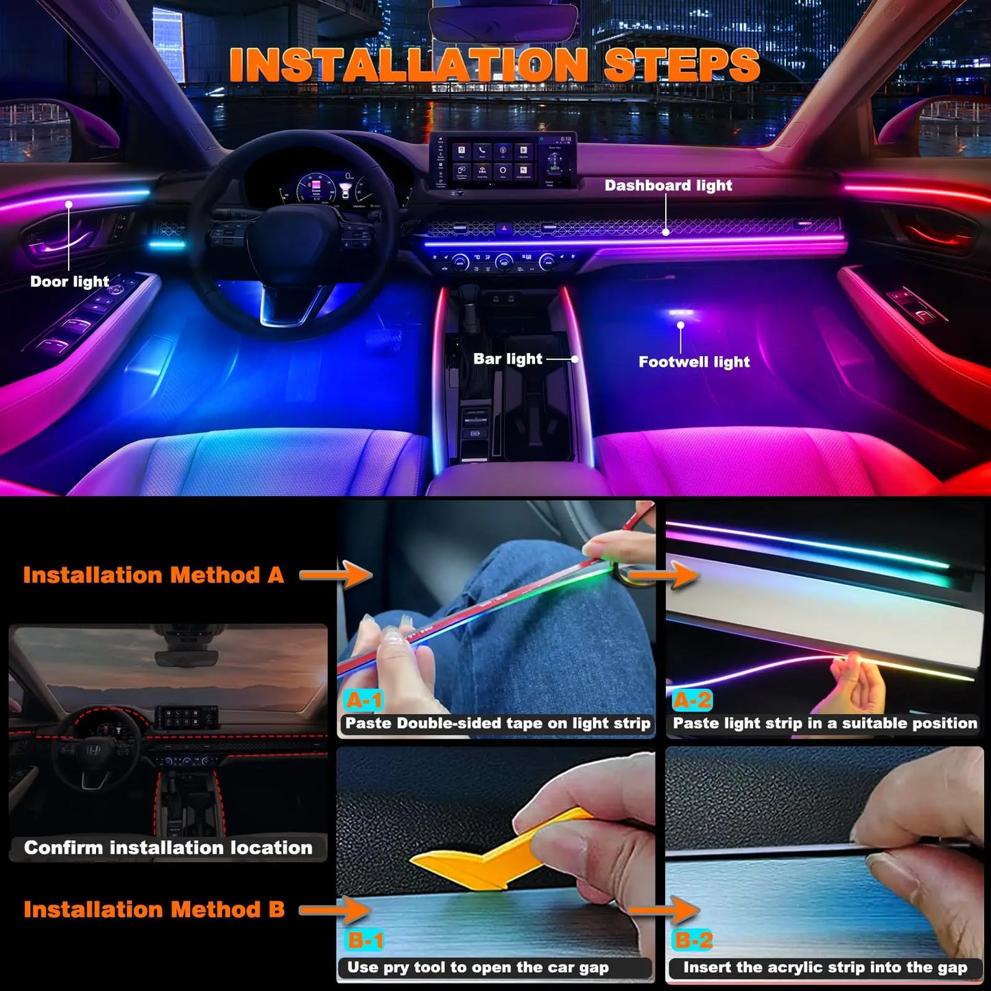 XTRABEAM Symphony RGB Car Ambient Lighting Kit – App Control Interior LED Lights with Remote & Music Sync
