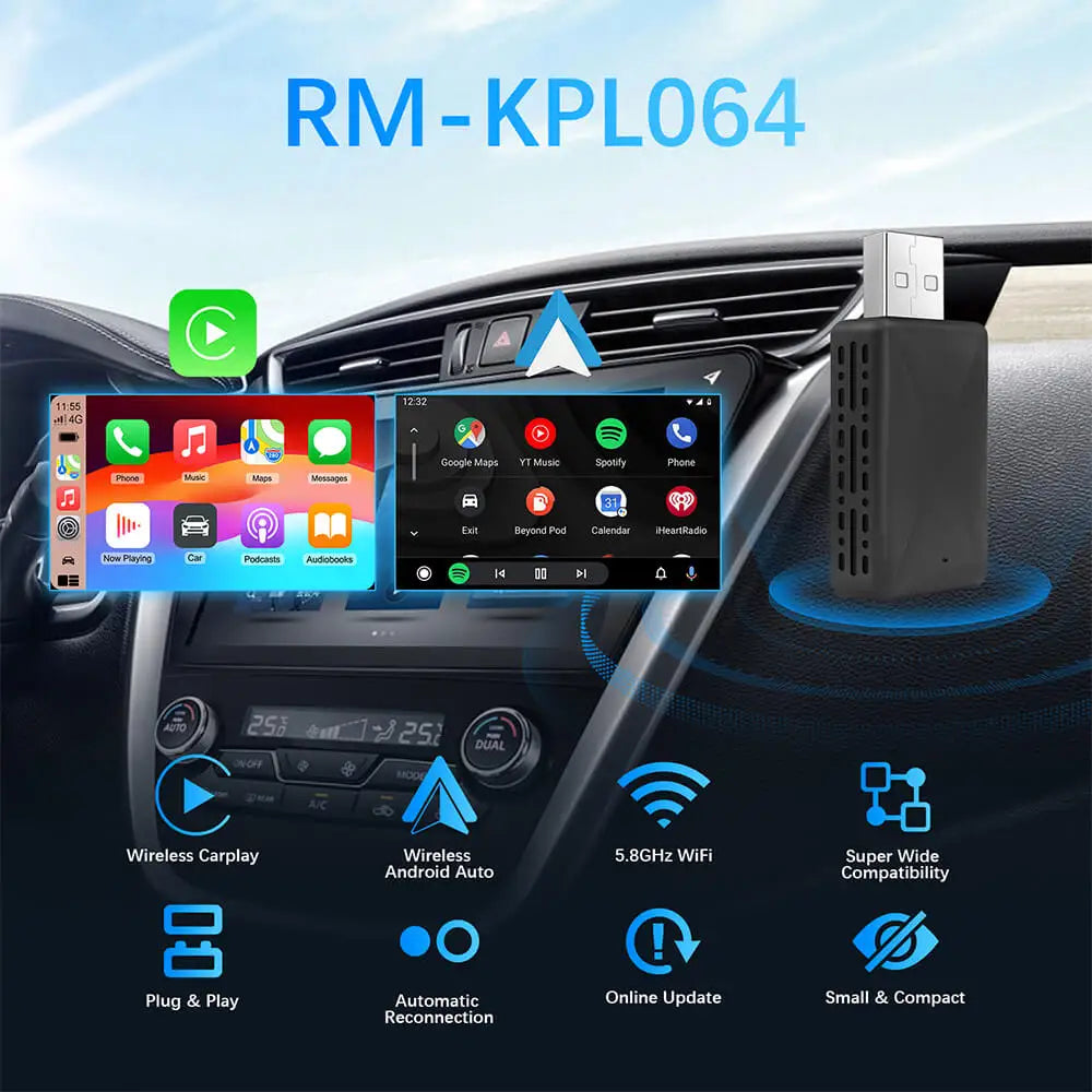 Wired to Wireless CarPlay Android Auto Adapter for OEM Car Stereo With USB Plug and Play