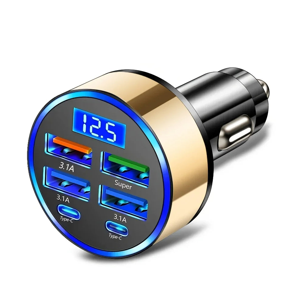 6-in-1 Fast Car Charger – Dual USB-C with Digital Display
