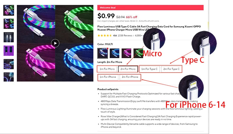 LED Flow Fast Charging Cable – Type-C, Micro USB & Lightning