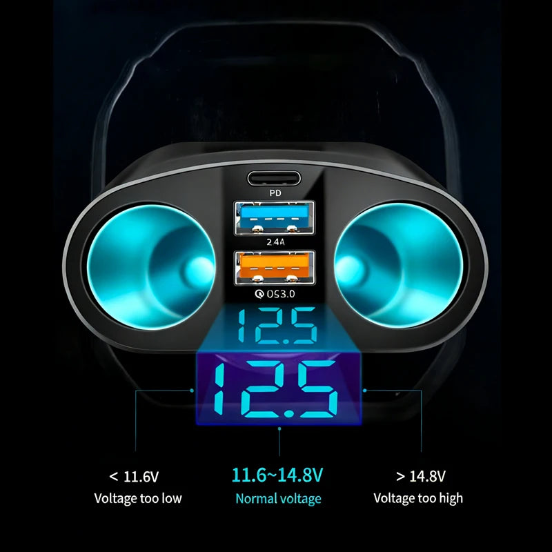Fast Charging Car Charger Splitter – QC3.0 & USB-C PD with LED Display