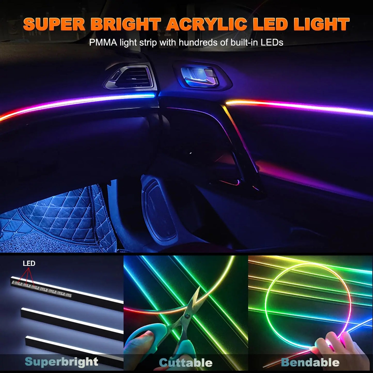 XTRABEAM Symphony RGB Car Ambient Lighting Kit – App Control Interior LED Lights with Remote & Music Sync