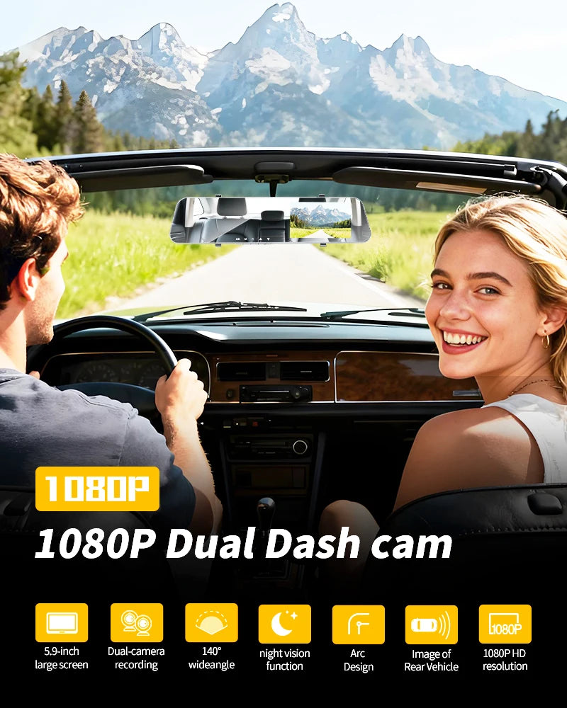 12" Rearview Mirror Dash Cam – 5MP Dual Lens Night Vision DVR with Wide Angle