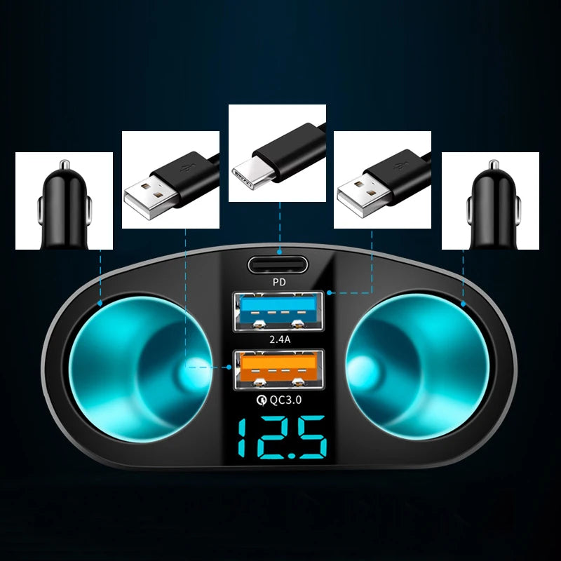 Fast Charging Car Charger Splitter – QC3.0 & USB-C PD with LED Display