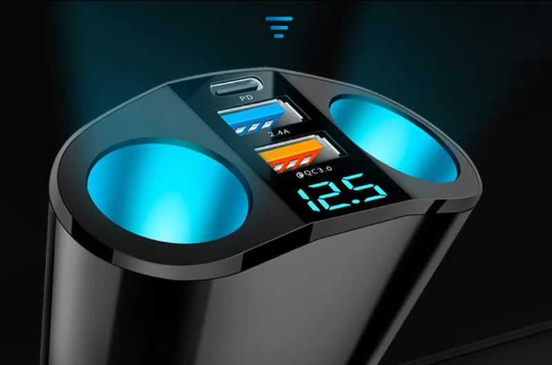 Fast Charging Car Charger Splitter – QC3.0 & USB-C PD with LED Display