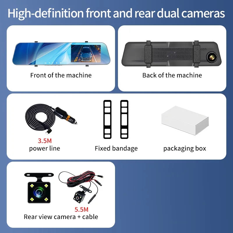 12" Rearview Mirror Dash Cam – 5MP Dual Lens Night Vision DVR with Wide Angle