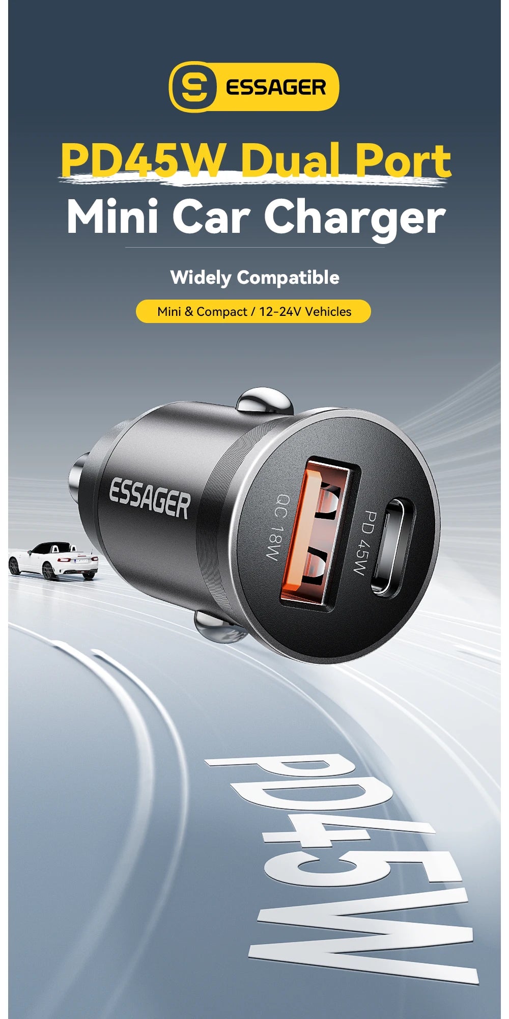 45W Fast Charging Car Adapter – Dual Port USB-C