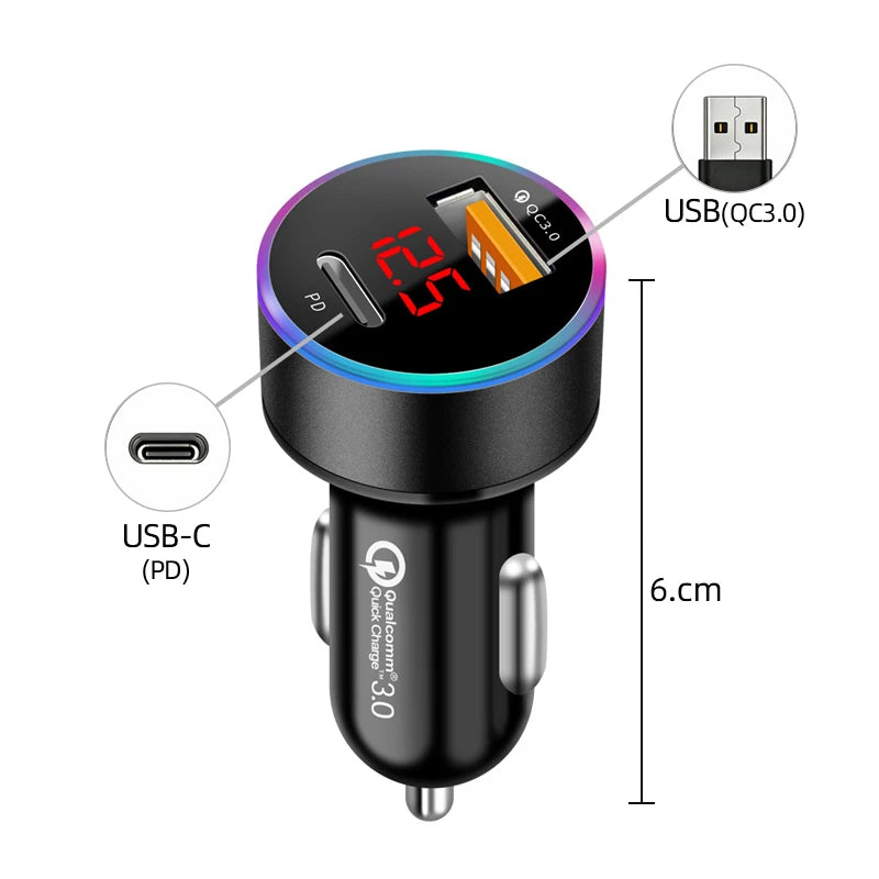 Fast Charging Car Charger Splitter – QC3.0 & USB-C PD with LED Display