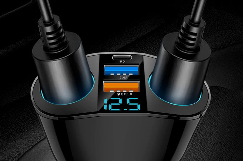 Fast Charging Car Charger Splitter – QC3.0 & USB-C PD with LED Display