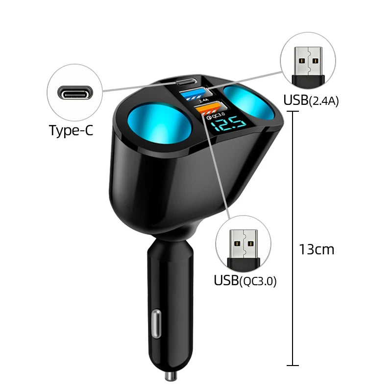 Fast Charging Car Charger Splitter – QC3.0 & USB-C PD with LED Display