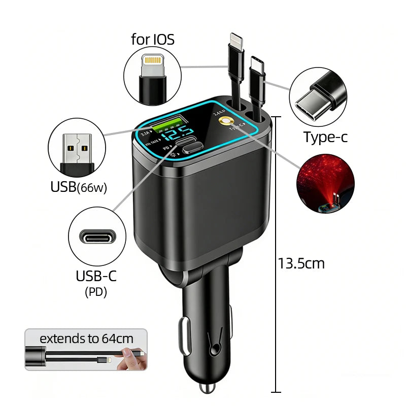 Fast Charging Car Charger Splitter – QC3.0 & USB-C PD with LED Display