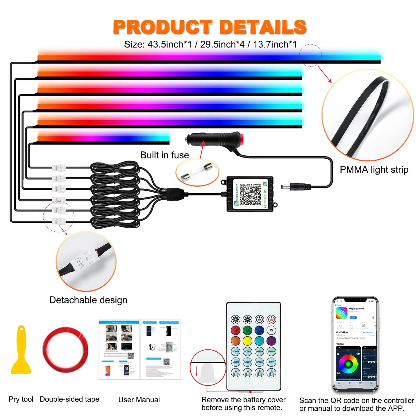 XTRABEAM Symphony RGB Car Ambient Lighting Kit – App Control Interior LED Lights with Remote & Music Sync