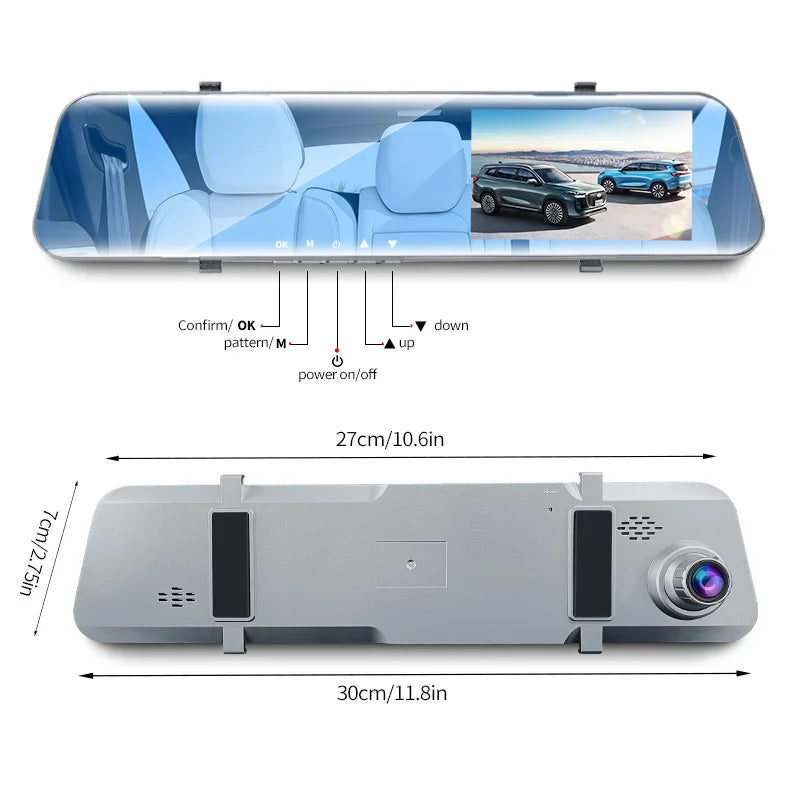 12" Rearview Mirror Dash Cam – 5MP Dual Lens Night Vision DVR with Wide Angle