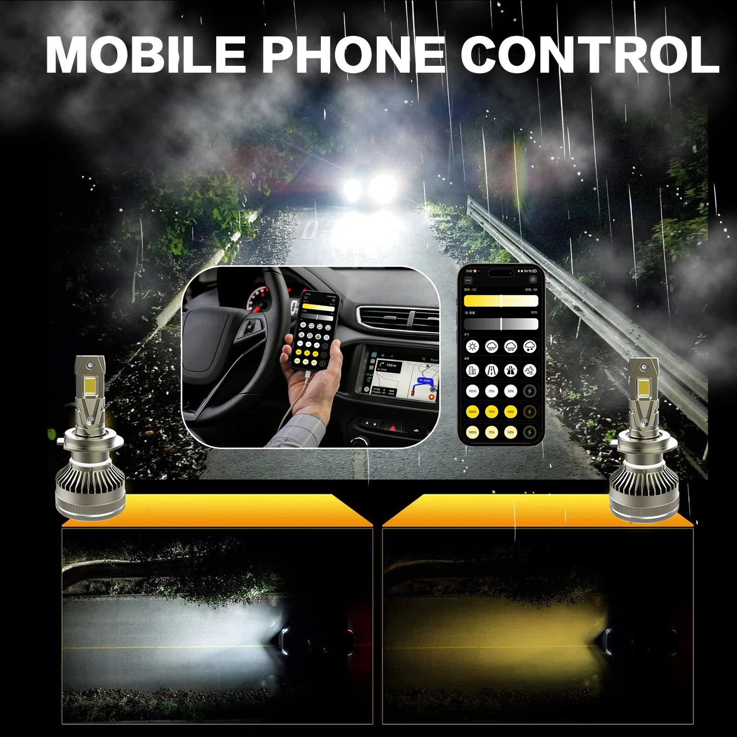 XTRABEAM 3-Color LED Headlight Bulbs – APP Control, Mini Turbo Cooling, 3000K/4300K/6000K