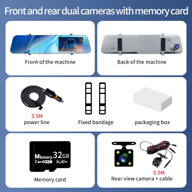 12" Rearview Mirror Dash Cam – 5MP Dual Lens Night Vision DVR with Wide Angle