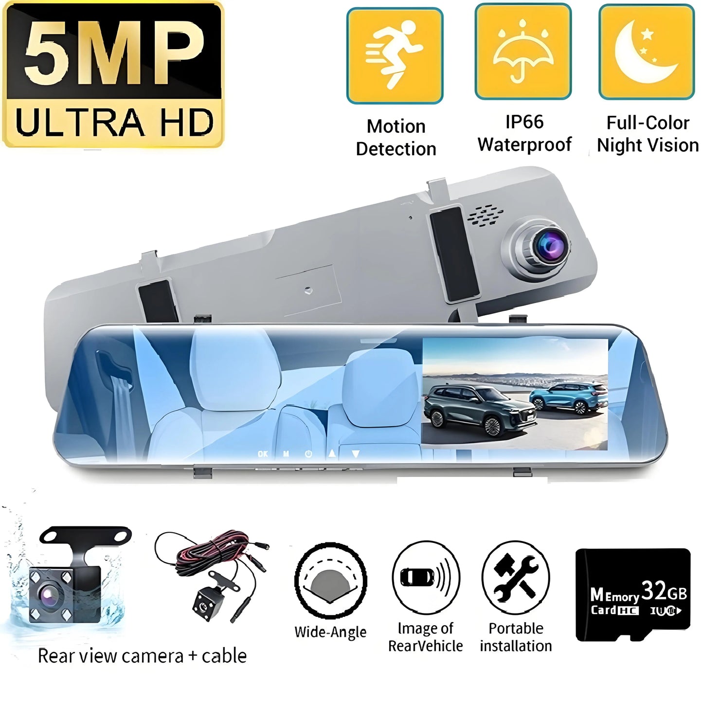 12" Rearview Mirror Dash Cam – 5MP Dual Lens Night Vision DVR with Wide Angle