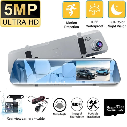 12" Rearview Mirror Dash Cam – 5MP Dual Lens Night Vision DVR with Wide Angle